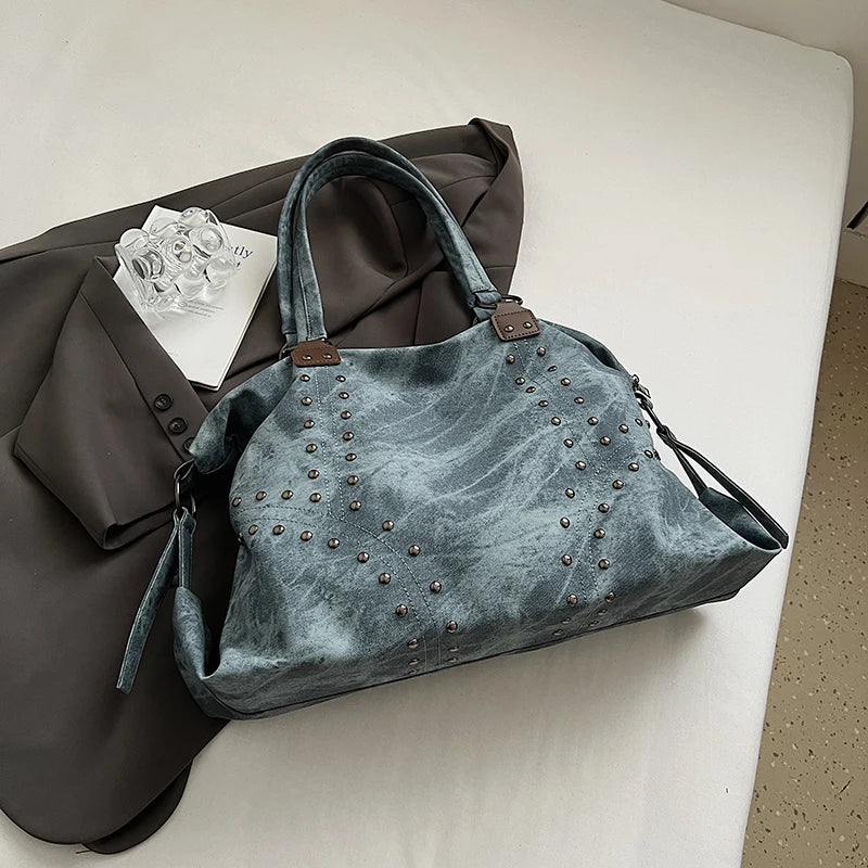 Women's Rivet PU Leather Large Capacity Shoulder Bag – Punk Style Tote Handbag