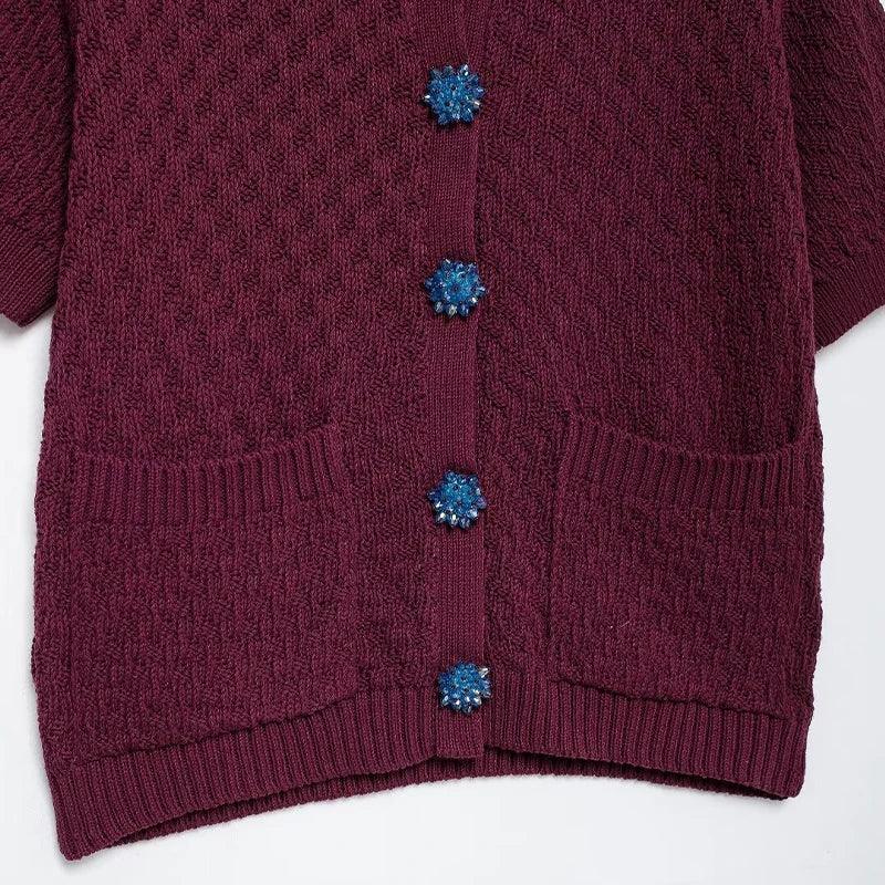 Single Breasted Knitted Sweater V-Neck Short Sleeve Blue Jewel Buttons S05e14ccf041144c1a8fef90873934a82K STYLEINGER