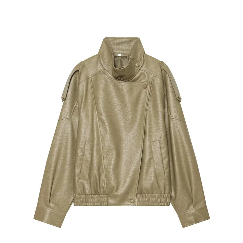 Women's Jacket Pebble Faux Leather Full-Sleeve Moto-Style Zipper Casual Coat