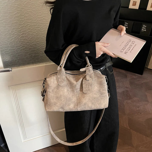 Women's Boston-Style PU Leather Shoulder Bag with Zipper