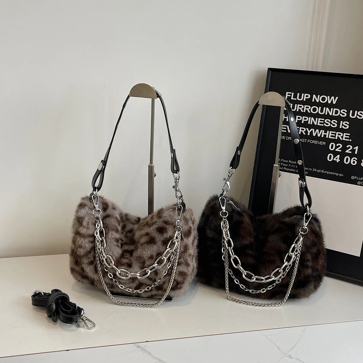 Small Leopard Faux Fur Shoulder Bags Women Zipper Chains Stud Short Handle Handbags