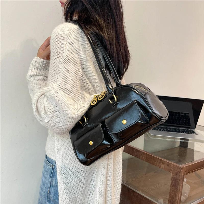 Double Snap Pockets Retro Leather Shoulder Bags Women Zipper Tote Handbags