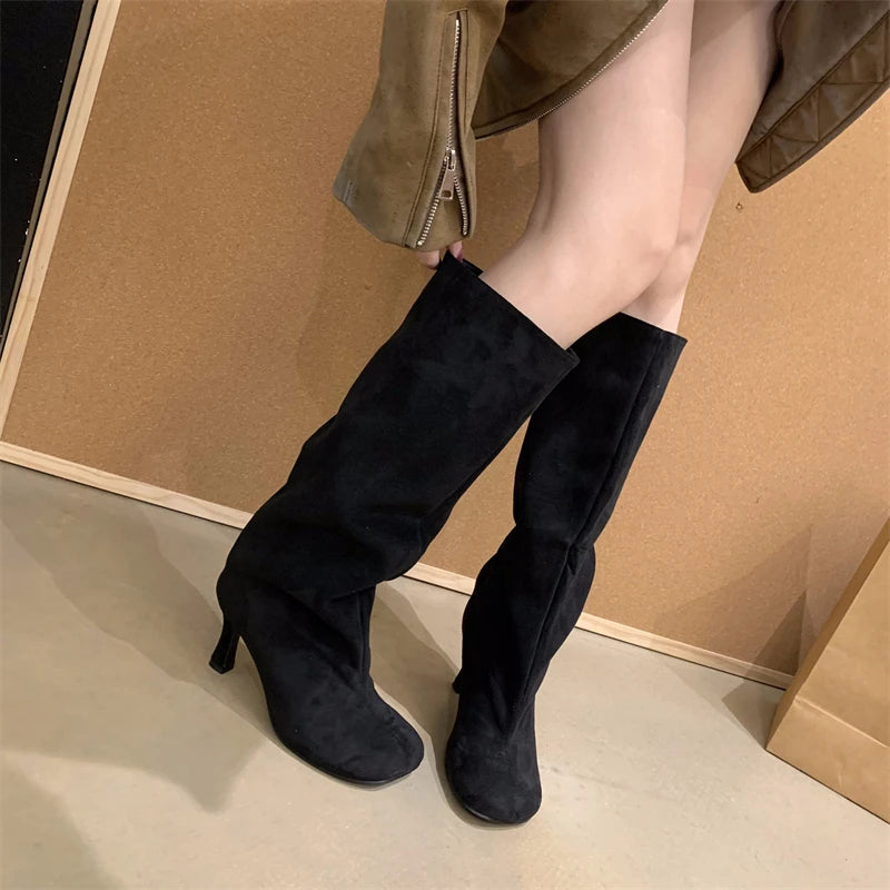 Women's Slouchy Faux Suede Knee-High Heeled Boots