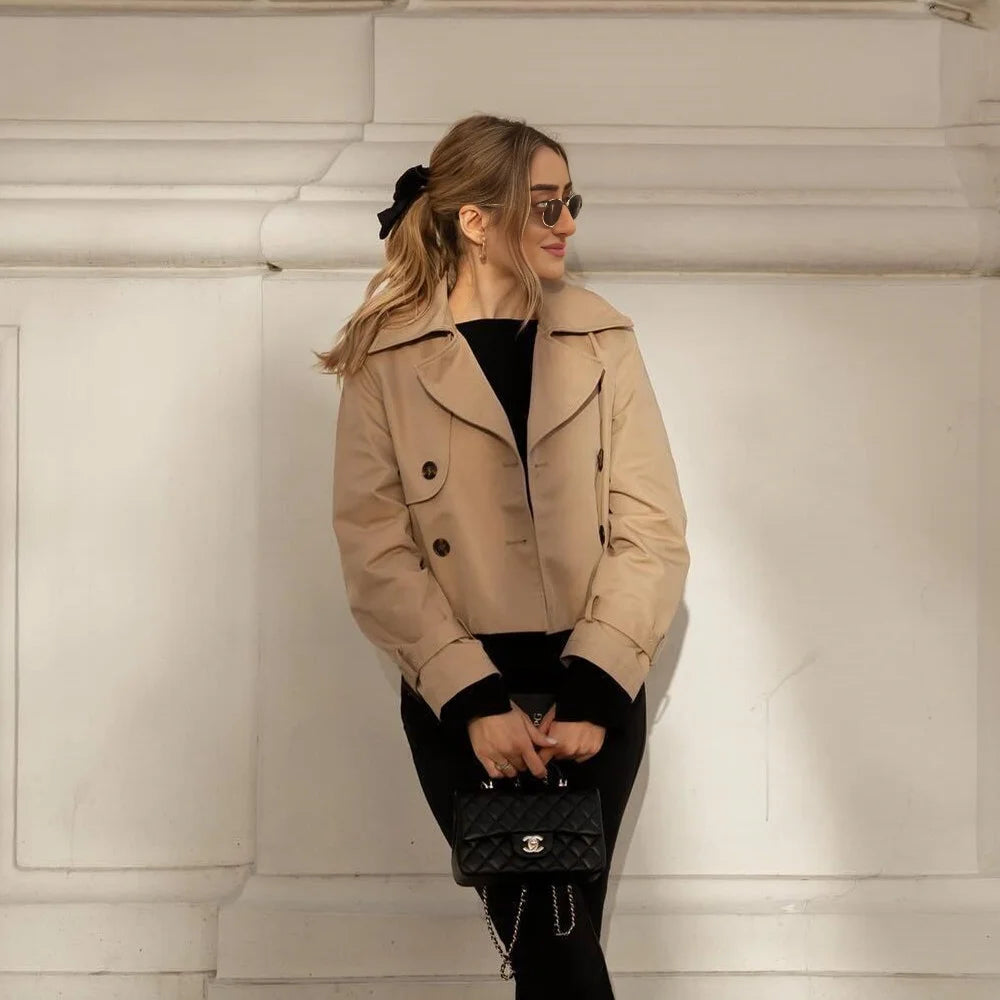 Women's Cropped Trench Coat Autumn Jacket Women Streetwear Double Breasted Long Sleeve