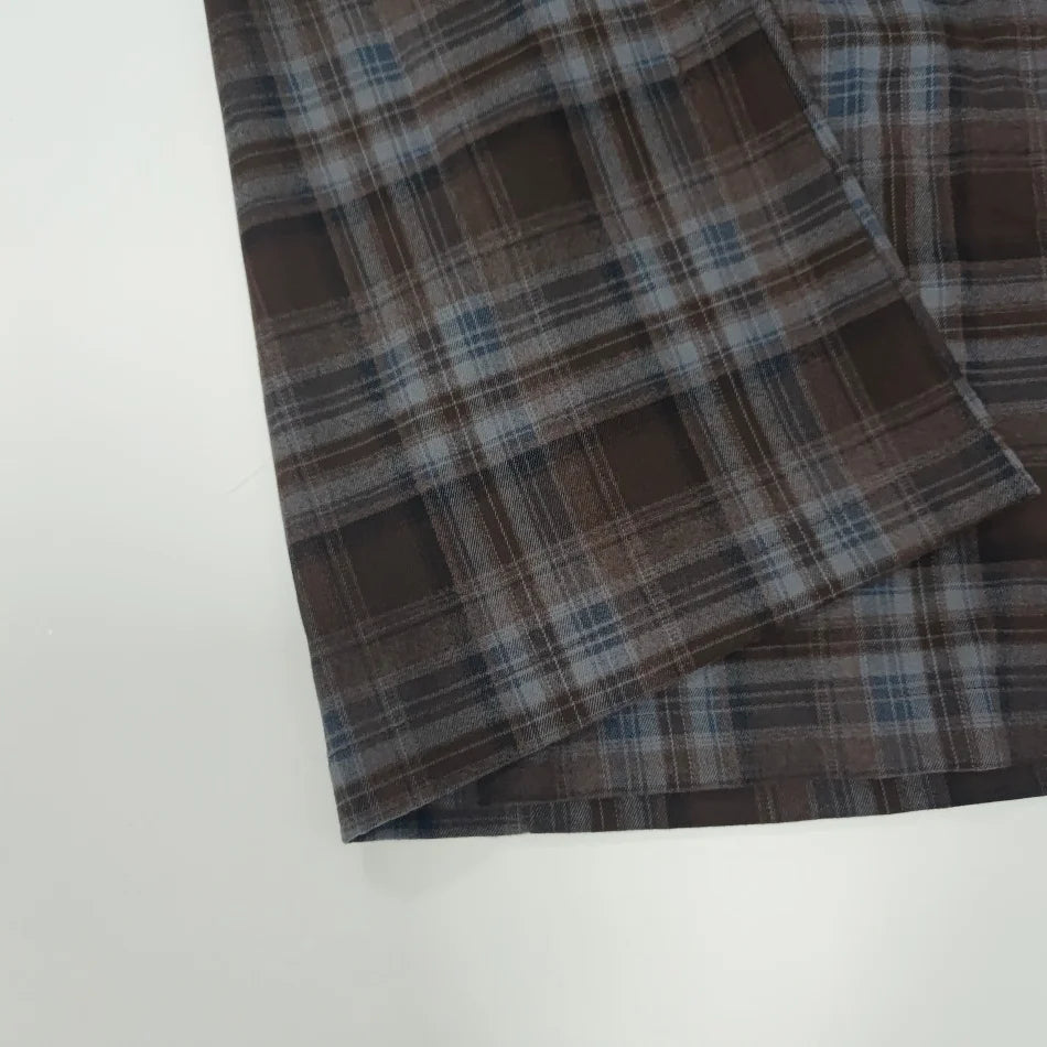 Vestido Familiar Combinado em Xadrez Castanho & Roupas de Irmãos com Bordado