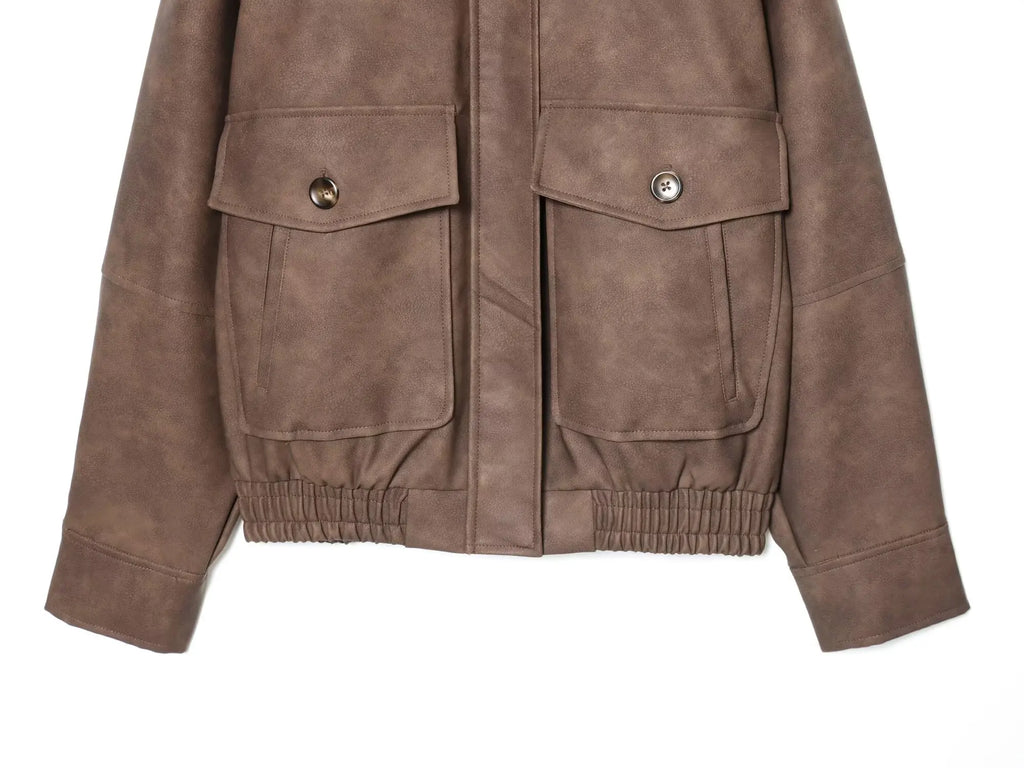Women's  Faux Fur Collared Zip-Up Jacket with Pockets