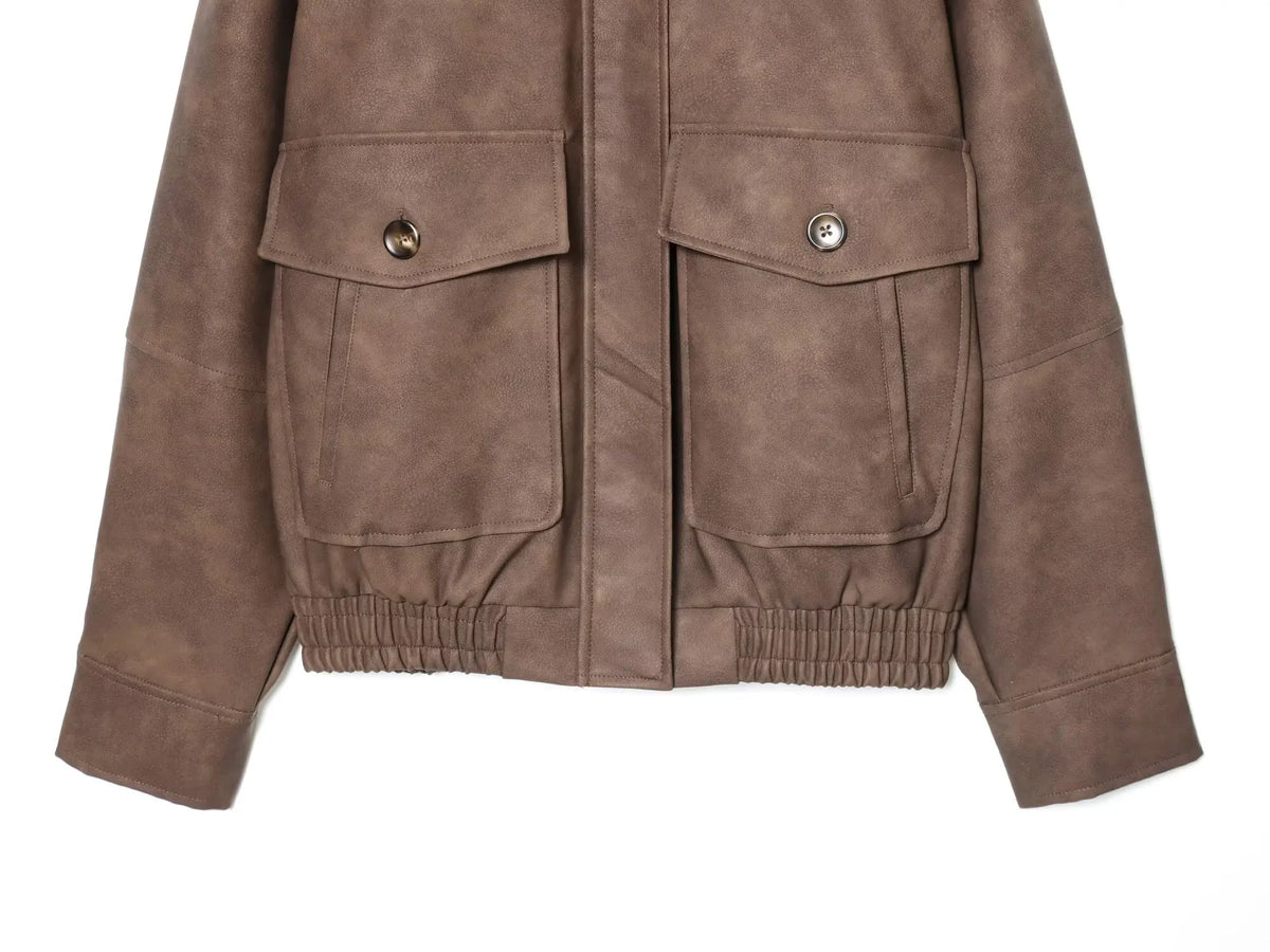 Women's  Faux Fur Collared Zip-Up Jacket with Pockets