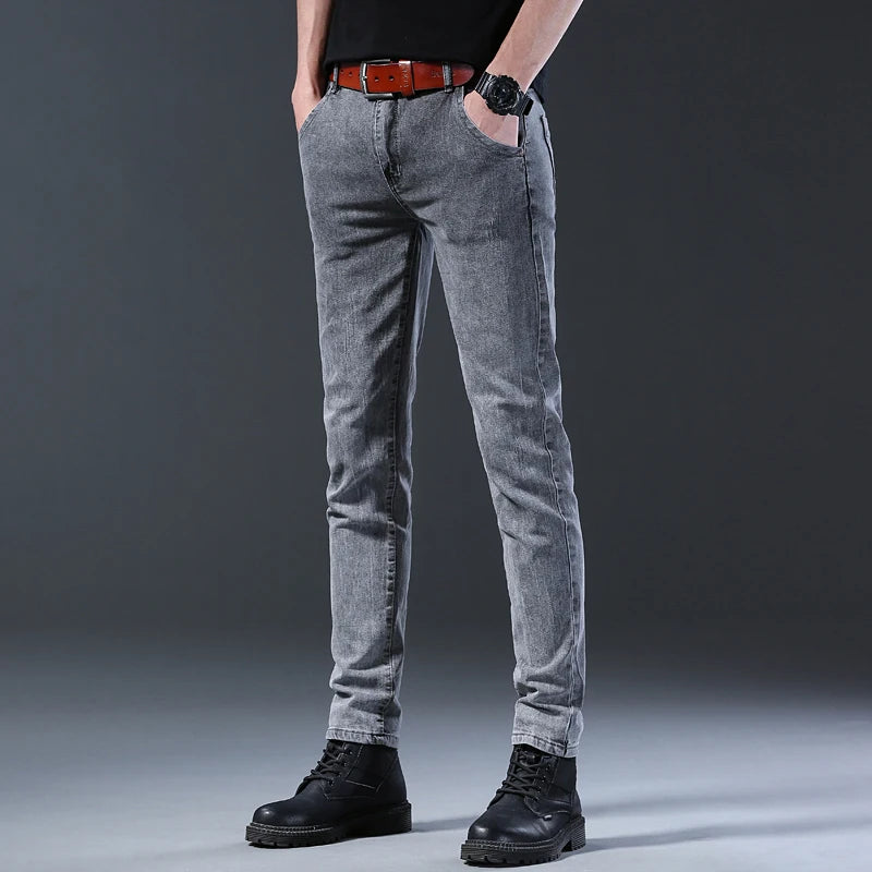 Men's Jeans Slim Fit High-Stretch Straight Leg Mid-Rise Gray Casual Denim Pants