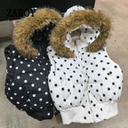 Women's Polka Dot Hooded Puffer Vest with Plush Trim