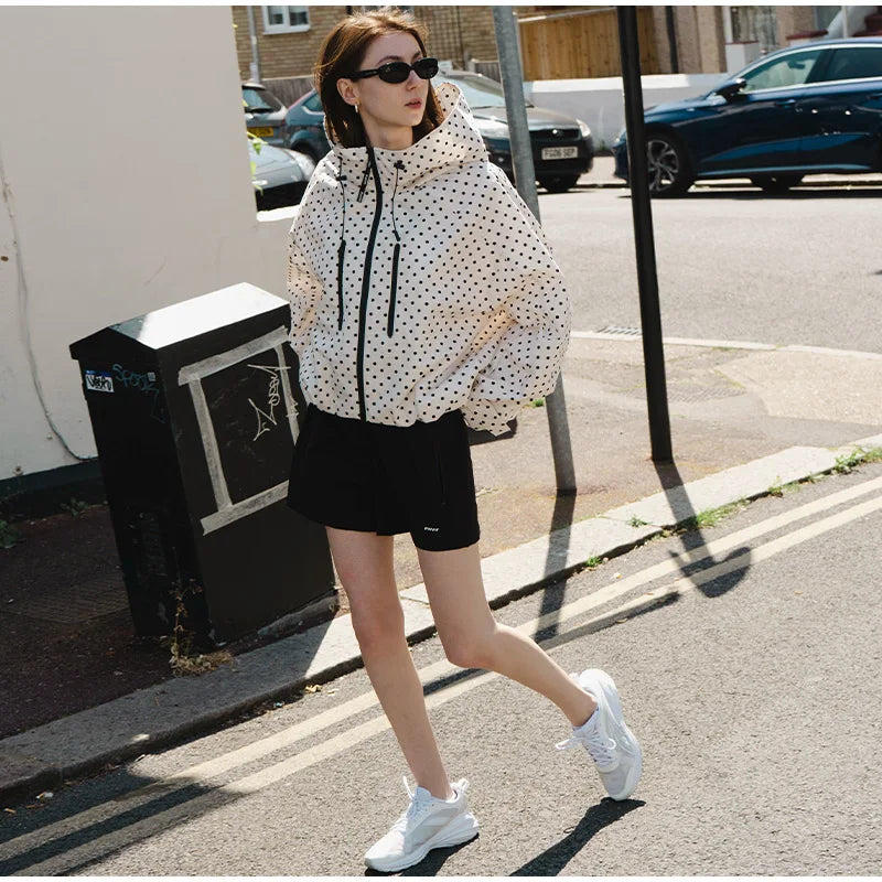 Polka Dot Hooded Women's Jacket Chic Turtleneck Zipper Long Sleeve Pockets Thin Coat 2026 Autumn Outerwear