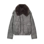 Women's  Faux Fur Collared Zip-Up Jacket with Pockets