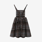 Vestido Familiar Combinado em Xadrez Castanho & Roupas de Irmãos com Bordado