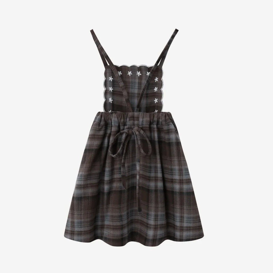 Vestido Familiar Combinado em Xadrez Castanho & Roupas de Irmãos com Bordado