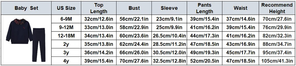 Tabela de tamanhos para conjunto de bebé azul-marinho, incluindo comprimento do topo, busto, manga e medidas das calças para bebés.