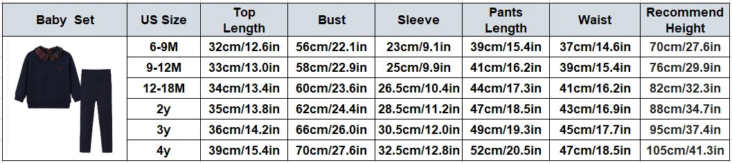 Tabela de tamanhos para conjunto de bebé azul-marinho, incluindo comprimento do topo, busto, manga e medidas das calças para bebés.