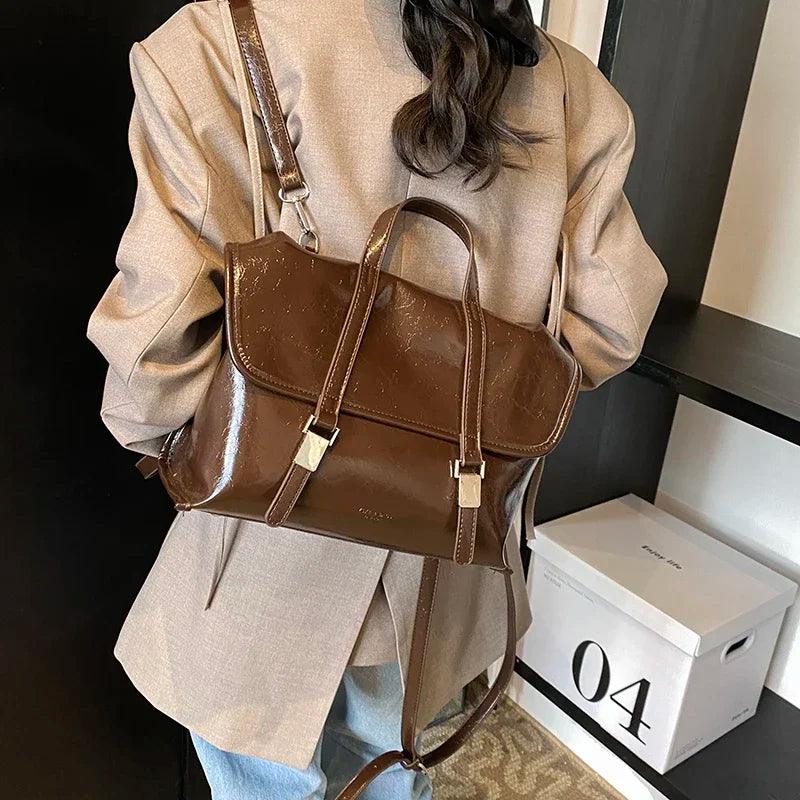 Large Leather Handbags Tote Satchel Flap Push Lock Women Retro Backpacks Purses