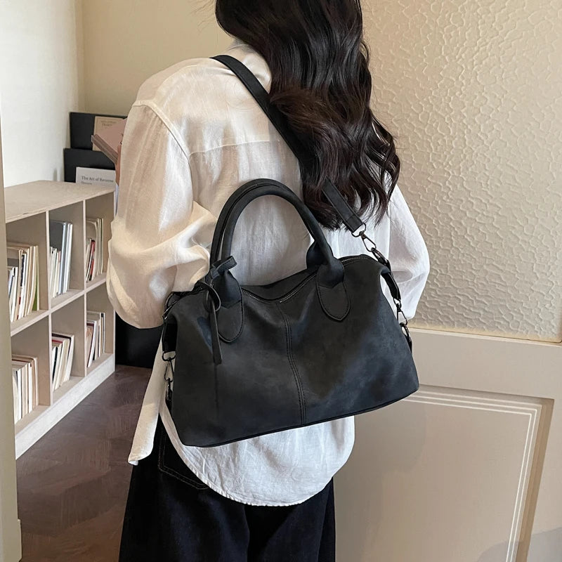Women's Boston-Style PU Leather Shoulder Bag with Zipper