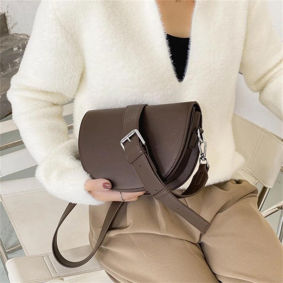 Leather Saddle Bags Small Semi Circle Women Wide Adustible Strap Crossbody Bags