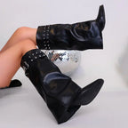 Women's Black Studded Buckle Knee-High Boots