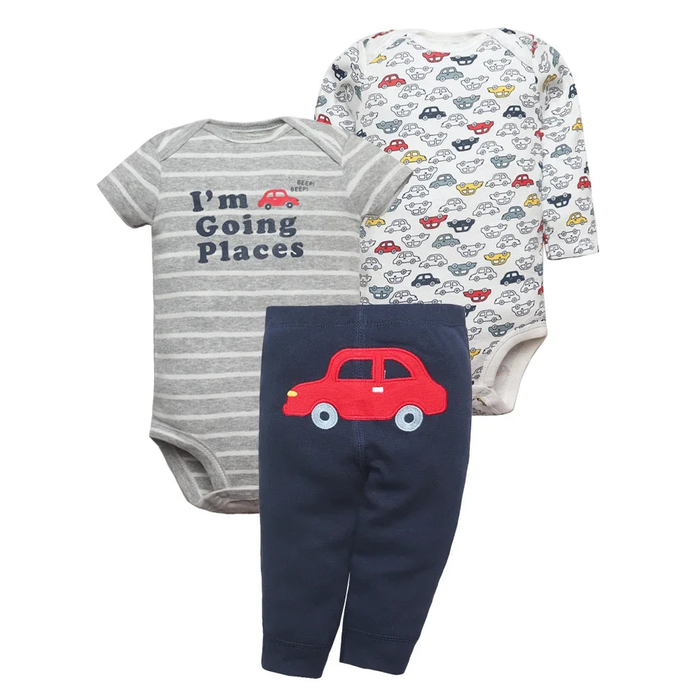 Grey striped car text bodysuit, white multi-color car top, and navy blue pants with large red car applique