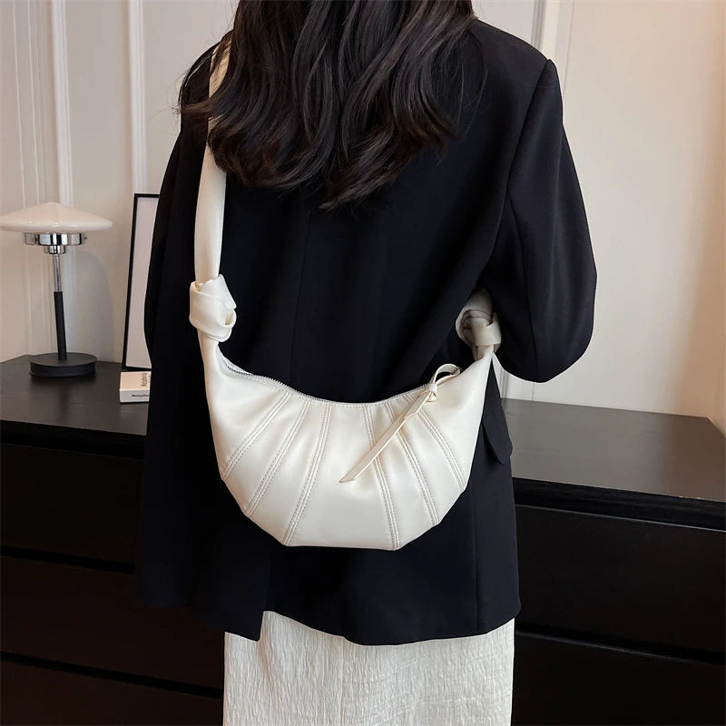 Large Splicing Leather Crossbody Bags Women Zipper Crescent Shoulder Bags