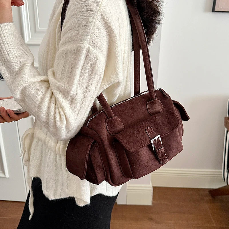 Women's Shoulder Bag Vintage Faux-Suede Baguette Zipper Underarm Bag with Phone Pocket