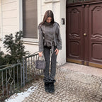 Women's Jacket Solid Lace-Up Double-Breasted Turn-Down Collar Full-Sleeve High-Waist Short Streetwear Coat