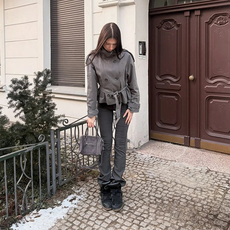 Women's Jacket Solid Lace-Up Double-Breasted Turn-Down Collar Full-Sleeve High-Waist Short Streetwear Coat