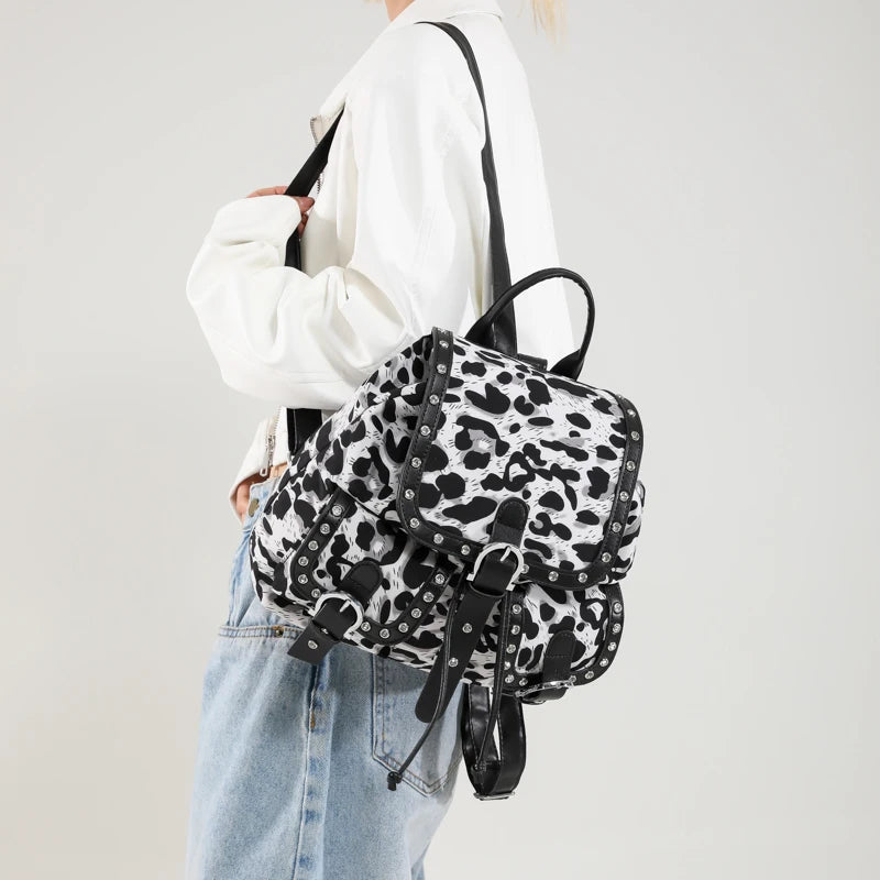 Leopard Rivets Backpacks Design Small Leather Women Drawstring Flap Belt Outer Pockets