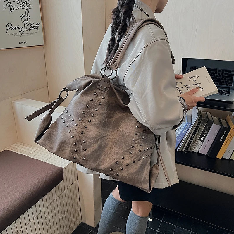 Women's Rivet PU Leather Large Capacity Shoulder Bag – Punk Style Tote Handbag