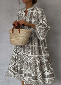 Bohemian Print Midi Dress – V-Neck 3/4 Sleeve Beach Dress