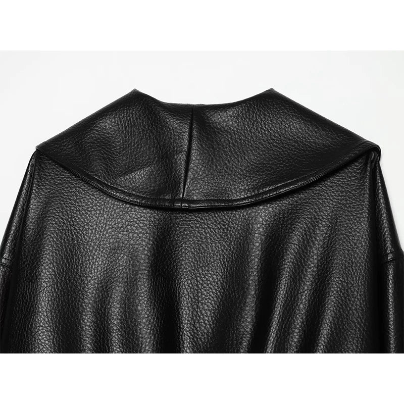 Women's Jacket Vintage Solid Faux Leather Belted Turn-Down Collar Full-Sleeve Short Loose Thick Outerwear Coat