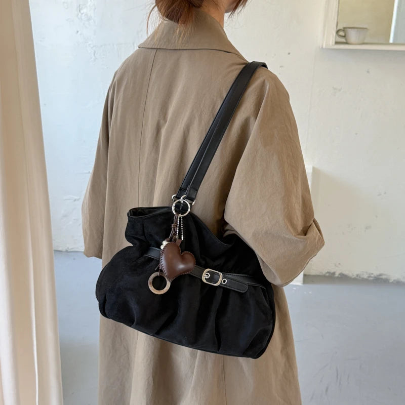 Women's Shoulder Bag Vintage Ruched PU Leather Zipper Tote Bag with Phone Pocket & Charm
