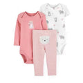 Dusty rose bear bodysuit, white animal motif top, and pink striped pants with bear face detail on front