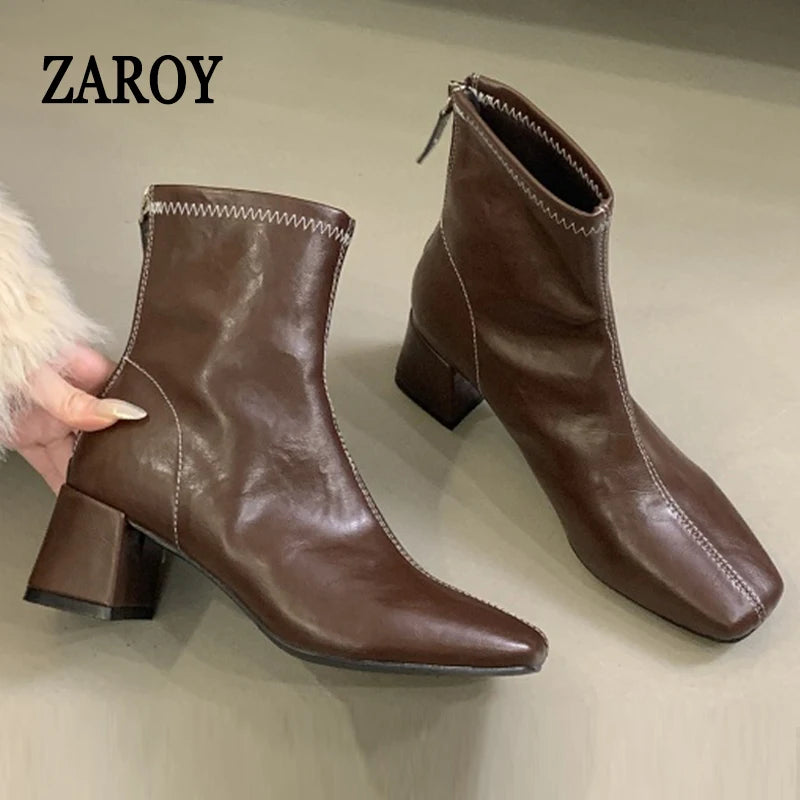 Women's Square-Toe Block Heel Ankle Boots with Back Zipper