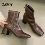 Women's Square-Toe Block Heel Ankle Boots with Back Zipper