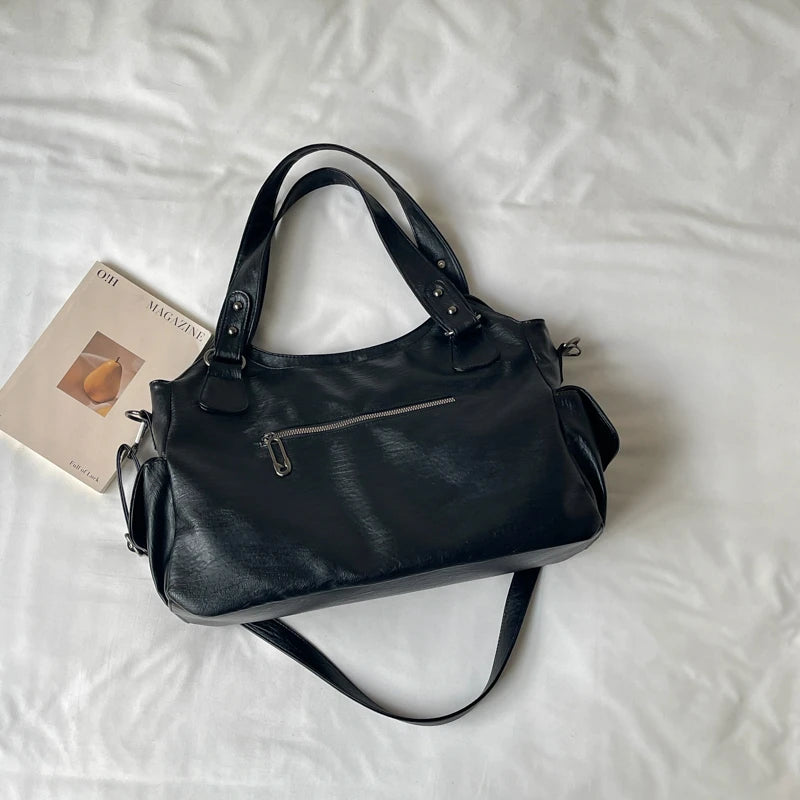 Women's Hobo Bag Vintage Large-Capacity Soft PU Leather Rivet-Accent Zipper Shoulder Bag with Phone Pocket