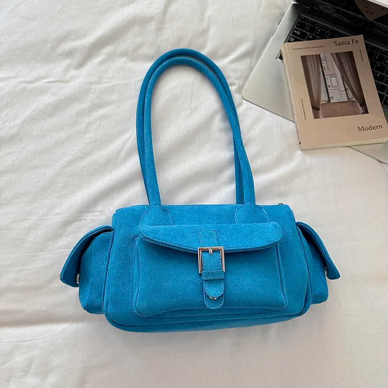 Women's Shoulder Bag Vintage Faux-Suede Baguette Zipper Underarm Bag with Phone Pocket