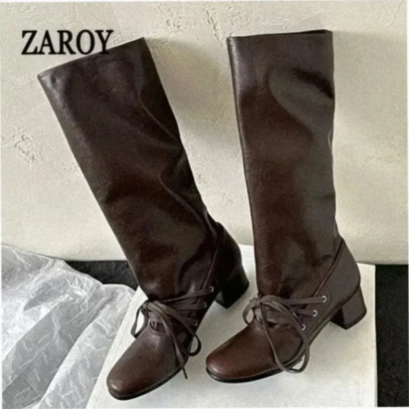 Women's Knee-High Block Heel Boots with Lace-Up Detail
