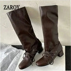 Women's Knee-High Block Heel Boots with Lace-Up Detail