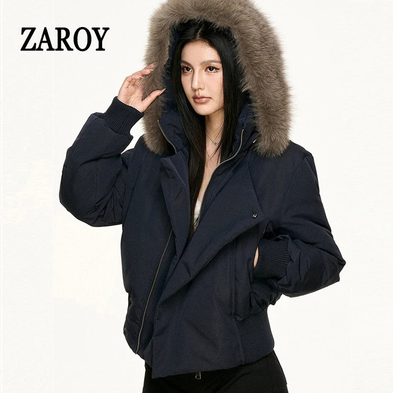 Women's Hooded Winter Bomber Jacket with Faux Fur Trim