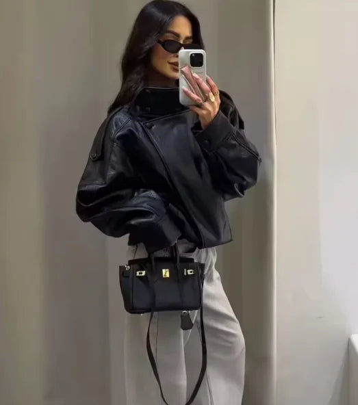 Women's Jacket Pebble Faux Leather Full-Sleeve Moto-Style Zipper Casual Coat