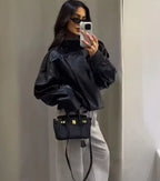 Women's Jacket Pebble Faux Leather Full-Sleeve Moto-Style Zipper Casual Coat