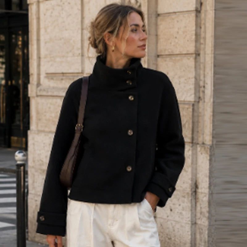 Women's Cropped High-Neck Button-Front Jacket