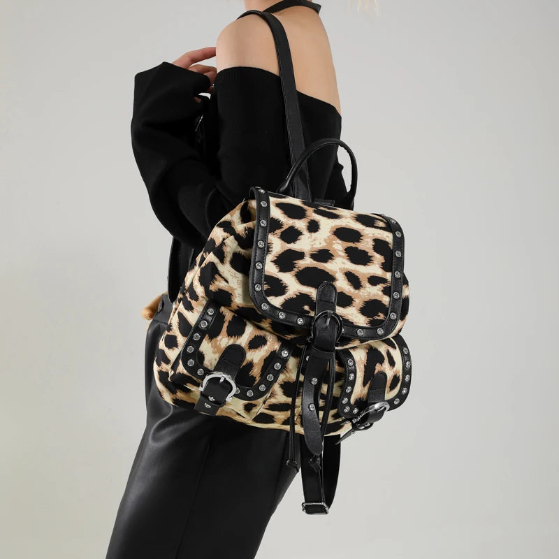 Leopard Rivets Backpacks Design Small Leather Women Drawstring Flap Belt Outer Pockets