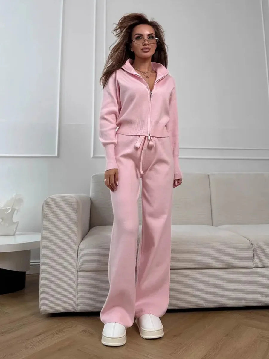 Women's Knit 2-Piece Set Zip-Up Stand Collar Cardigan Wide-Leg Ankle Pants Office Lady Autumn Winter Outfit