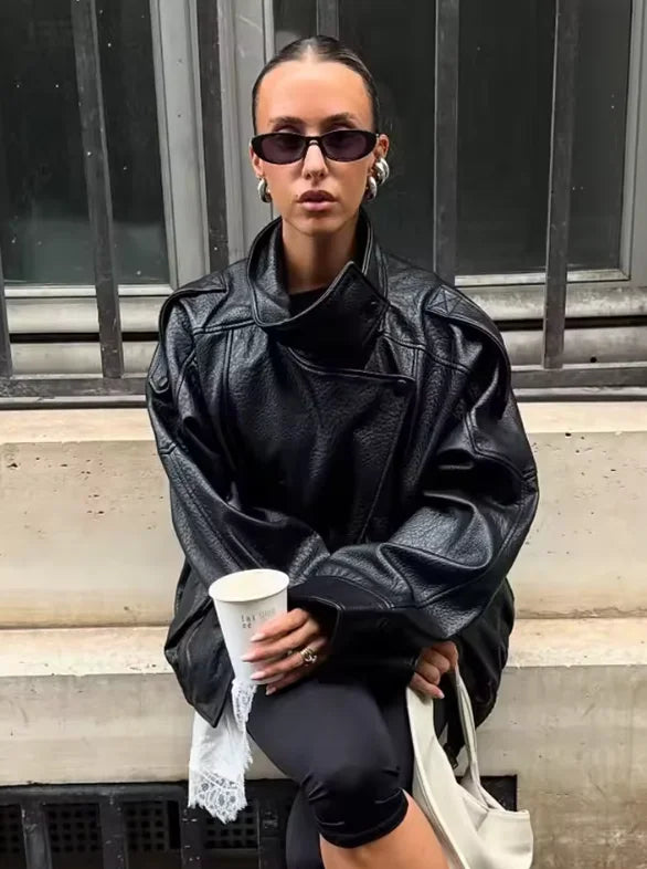 Women's Jacket Pebble Faux Leather Full-Sleeve Moto-Style Zipper Casual Coat