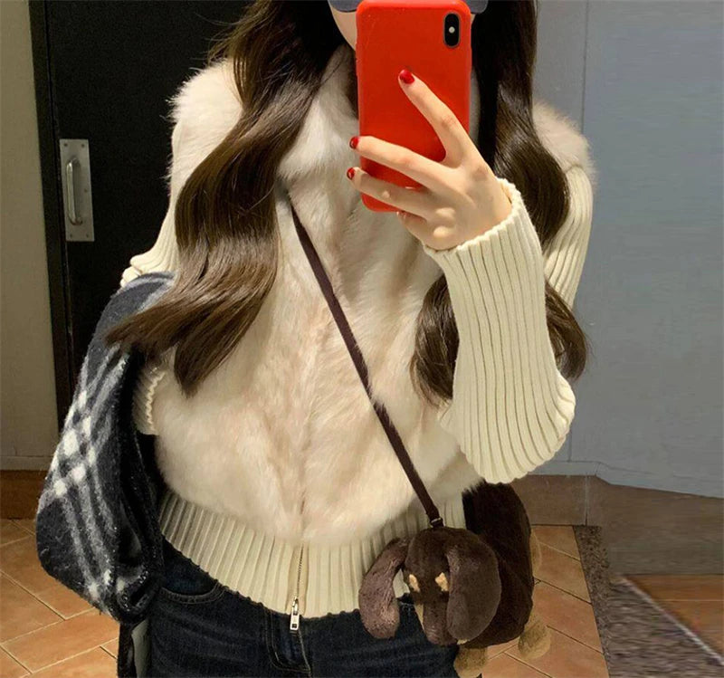 Women's Cropped Faux Fur Jacket with Ribbed Knit Sleeves
