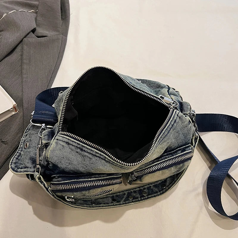 Denim Small Shoulder Bag Women Zipper Outer Pockets Retro Crossbody Purses