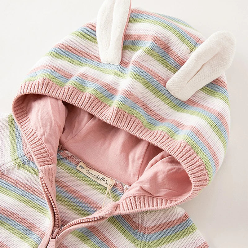 Dave & Bella Girls' Striped Hooded Knit Jacket – Cotton Zip-Up Cardigan for Kids